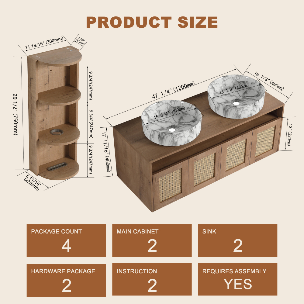 48" Bathroom Vanity with 2-White Gray Ceramic Art Sink and Storage Rack, 4-Soft Close Door, Float Mounting Design, Plywood
