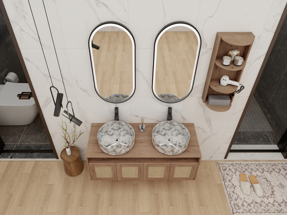48" Bathroom Vanity with 2-White Gray Ceramic Art Sink and Storage Rack, 4-Soft Close Door, Float Mounting Design, Plywood