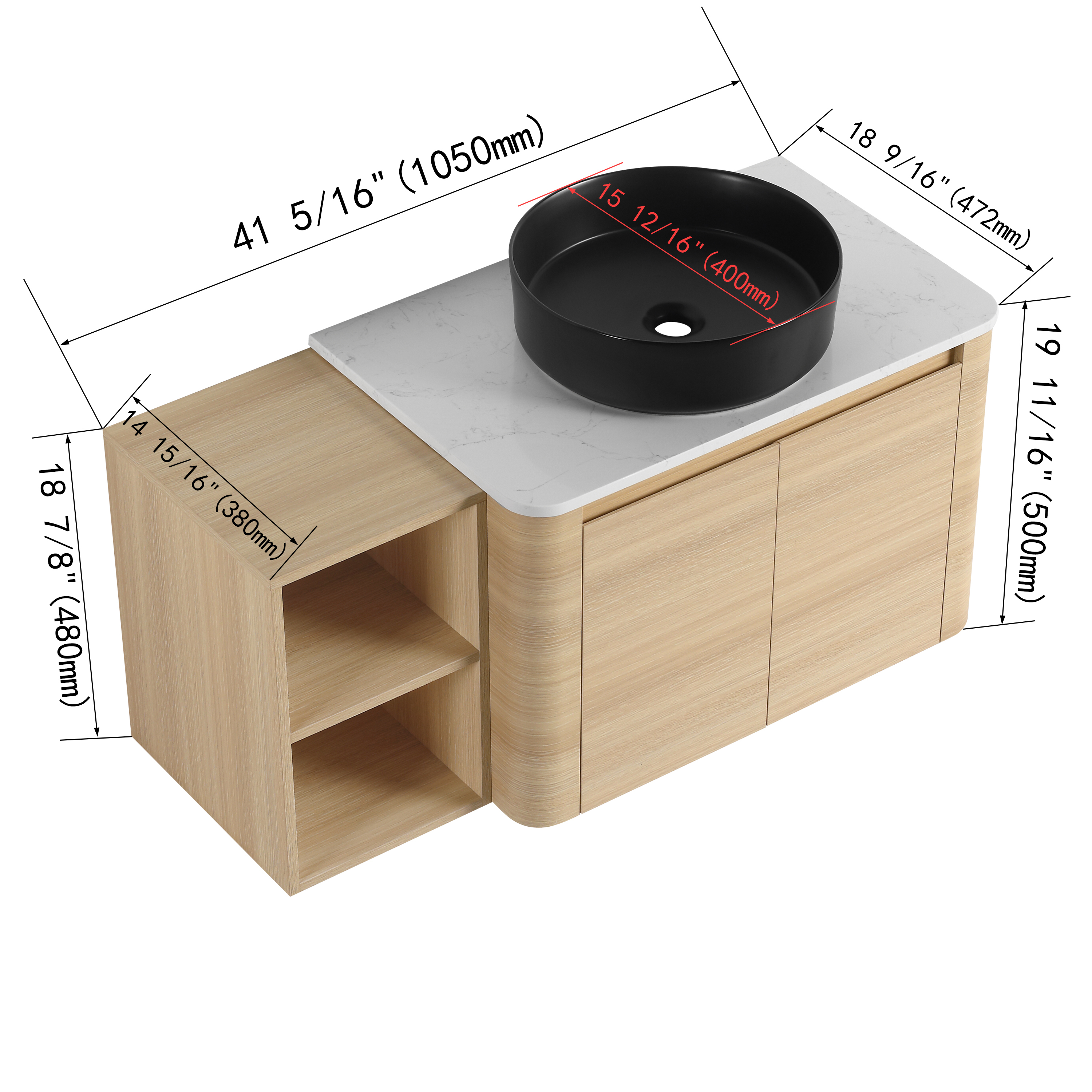 42'' Wall-Mounted black Bathroom Vanity With Ceramic Art Sink, and 1-Storage Shelves, 2-Soft-Close Door, KD-Packing, Plywood