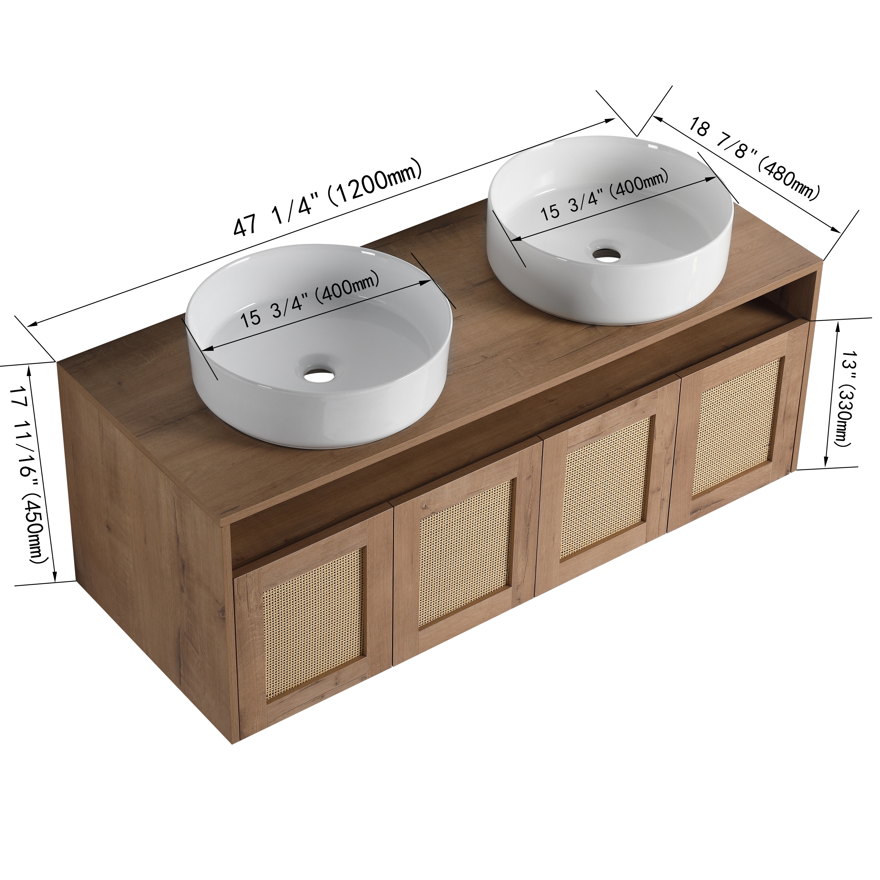 48" Bathroom Vanity with White Ceramic Art Sink, 4-Soft Close Door, Float Mounting Design, Plywood (KD-Packing)