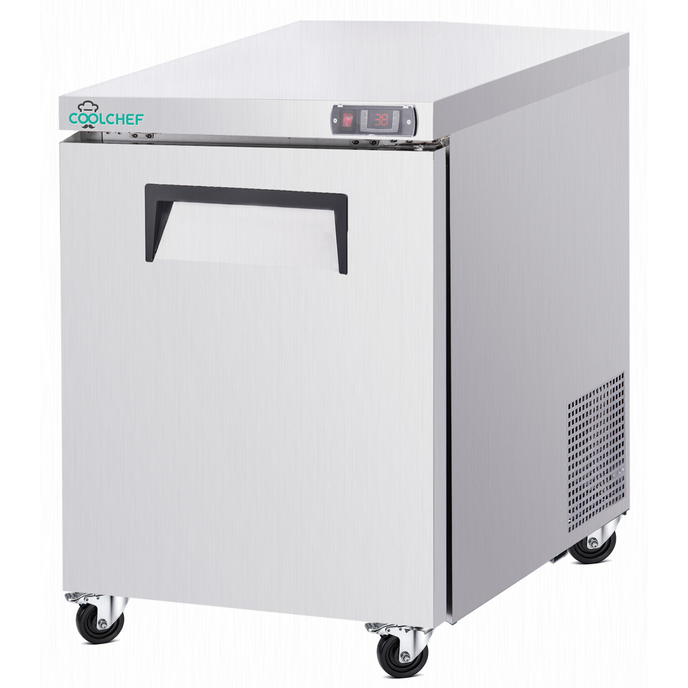 28" Commercial Worktop Refrigerator, 6.8 Cu.ft Single Door Stainless Steel Prep Table Fridge, R290 Undercounter Refrigerator with Casters