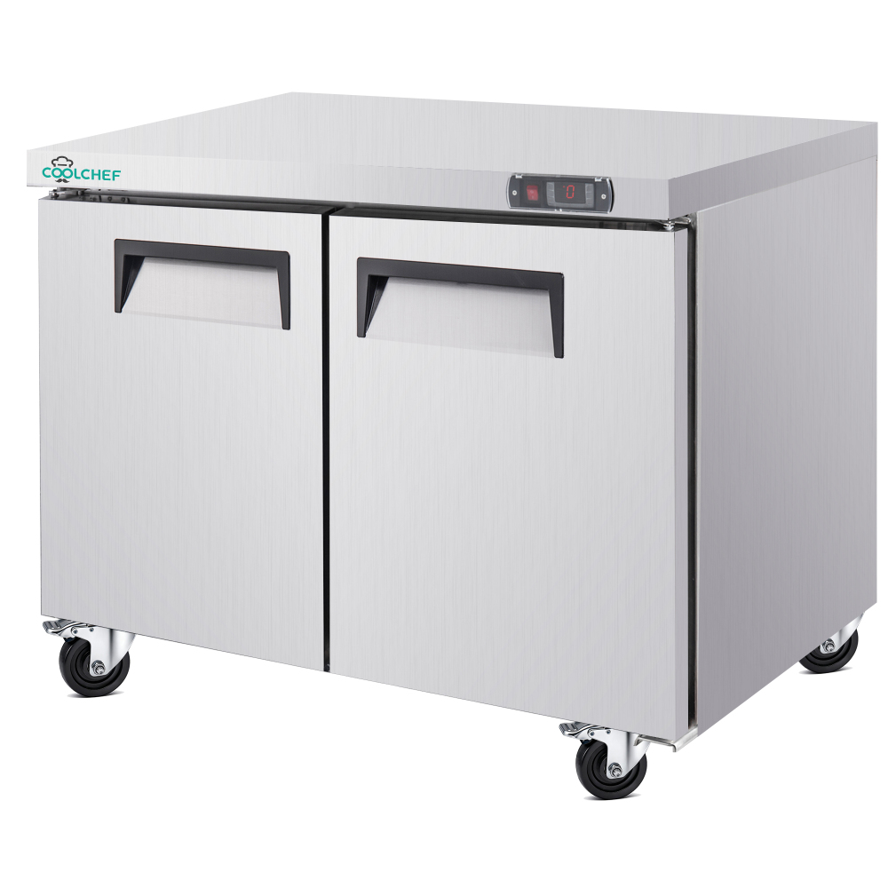 48" Commercial Double Door Worktop Refrigerator, 12.2 Cu.ft Stainless Steel Undercounter Prep Table Fridge, R290 Commercial Cooler with Casters