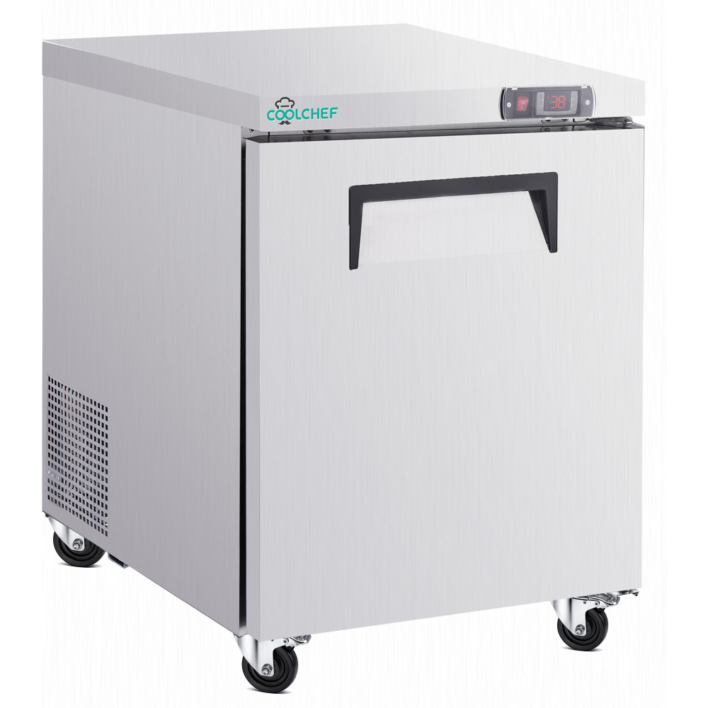 28" Commercial Worktop Refrigerator, 6.8 Cu.ft Single Door Stainless Steel Prep Table Fridge, R290 Undercounter Refrigerator with Casters