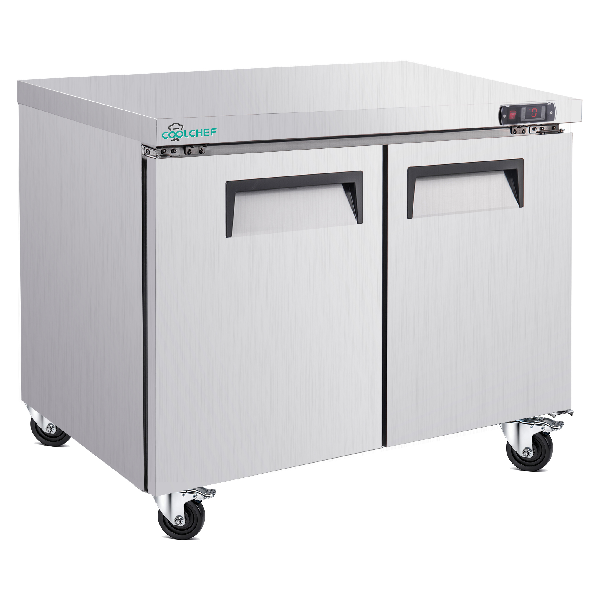 48" Commercial Double Door Worktop Refrigerator, 12.2 Cu.ft Stainless Steel Undercounter Prep Table Fridge, R290 Commercial Cooler with Casters