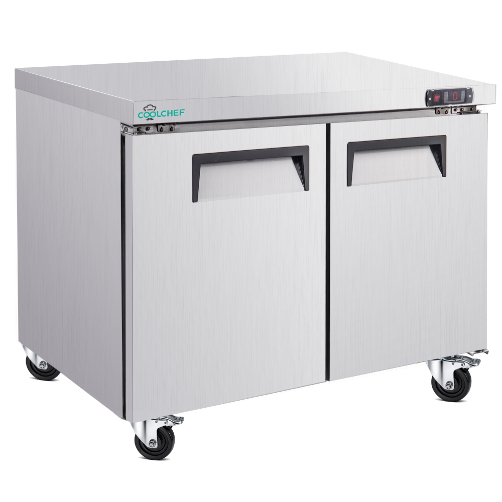 48" Commercial Double Door Worktop Refrigerator, 12.2 Cu.ft Stainless Steel Undercounter Prep Table Fridge, R290 Commercial Cooler with Casters