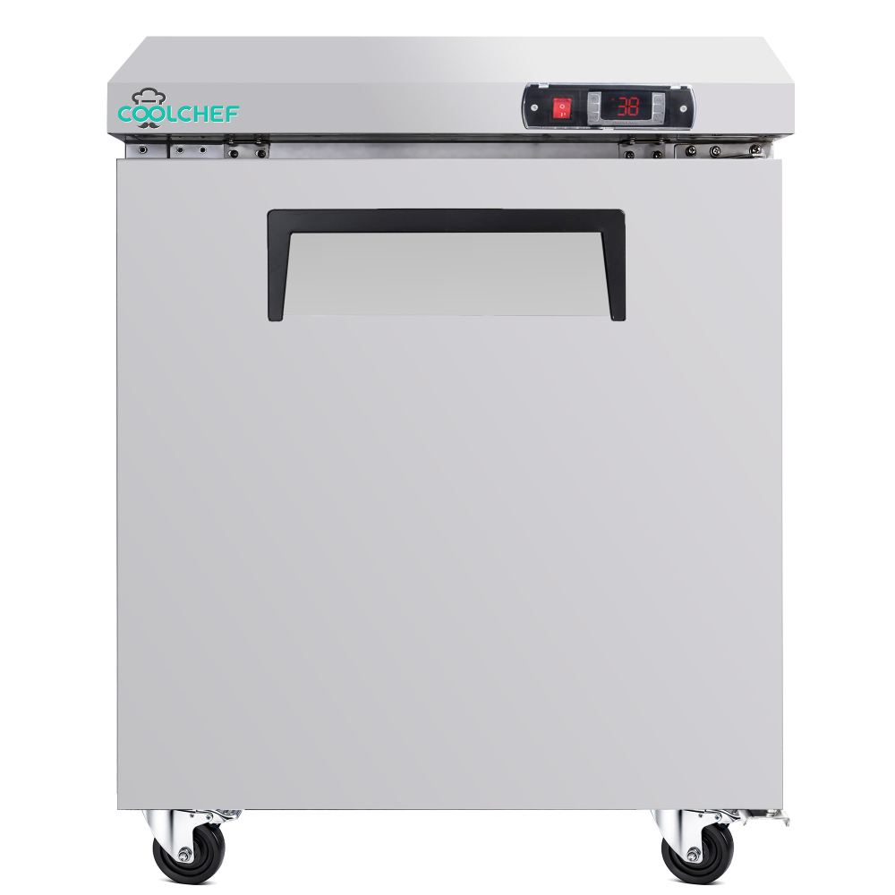 28" Commercial Worktop Refrigerator, 6.8 Cu.ft Single Door Stainless Steel Prep Table Fridge, R290 Undercounter Refrigerator with Casters