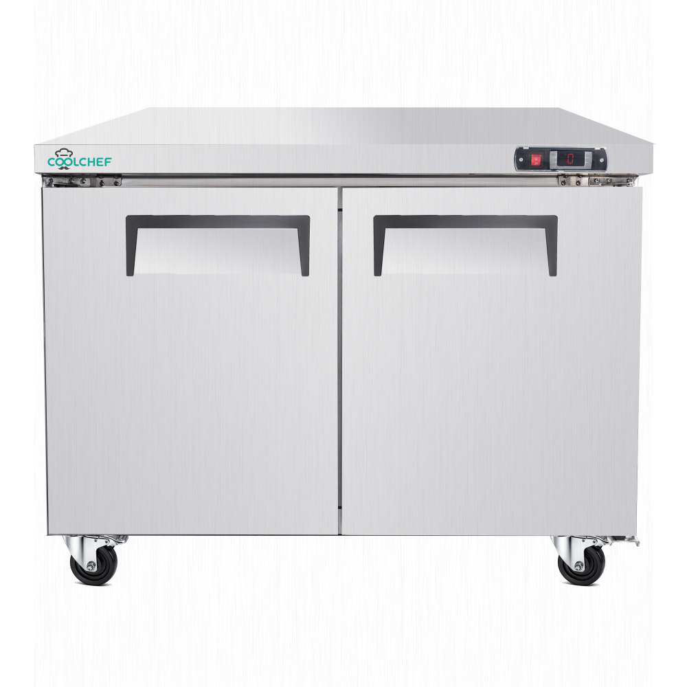 48" Commercial Double Door Worktop Refrigerator, 12.2 Cu.ft Stainless Steel Undercounter Prep Table Fridge, R290 Commercial Cooler with Casters