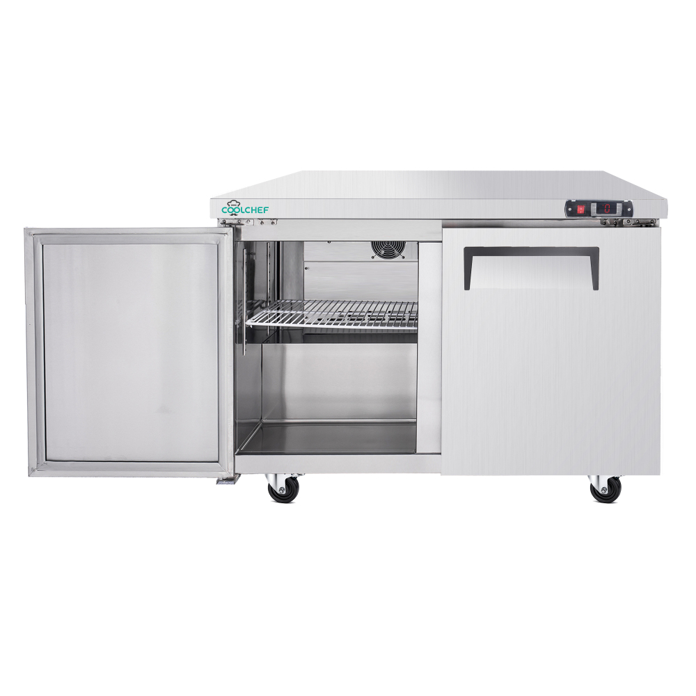 48" Commercial Double Door Worktop Refrigerator, 12.2 Cu.ft Stainless Steel Undercounter Prep Table Fridge, R290 Commercial Cooler with Casters