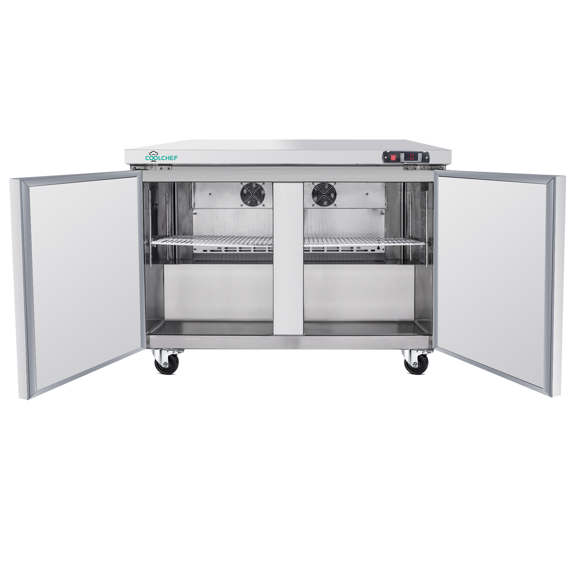 48" Commercial Double Door Worktop Refrigerator, 12.2 Cu.ft Stainless Steel Undercounter Prep Table Fridge, R290 Commercial Cooler with Casters
