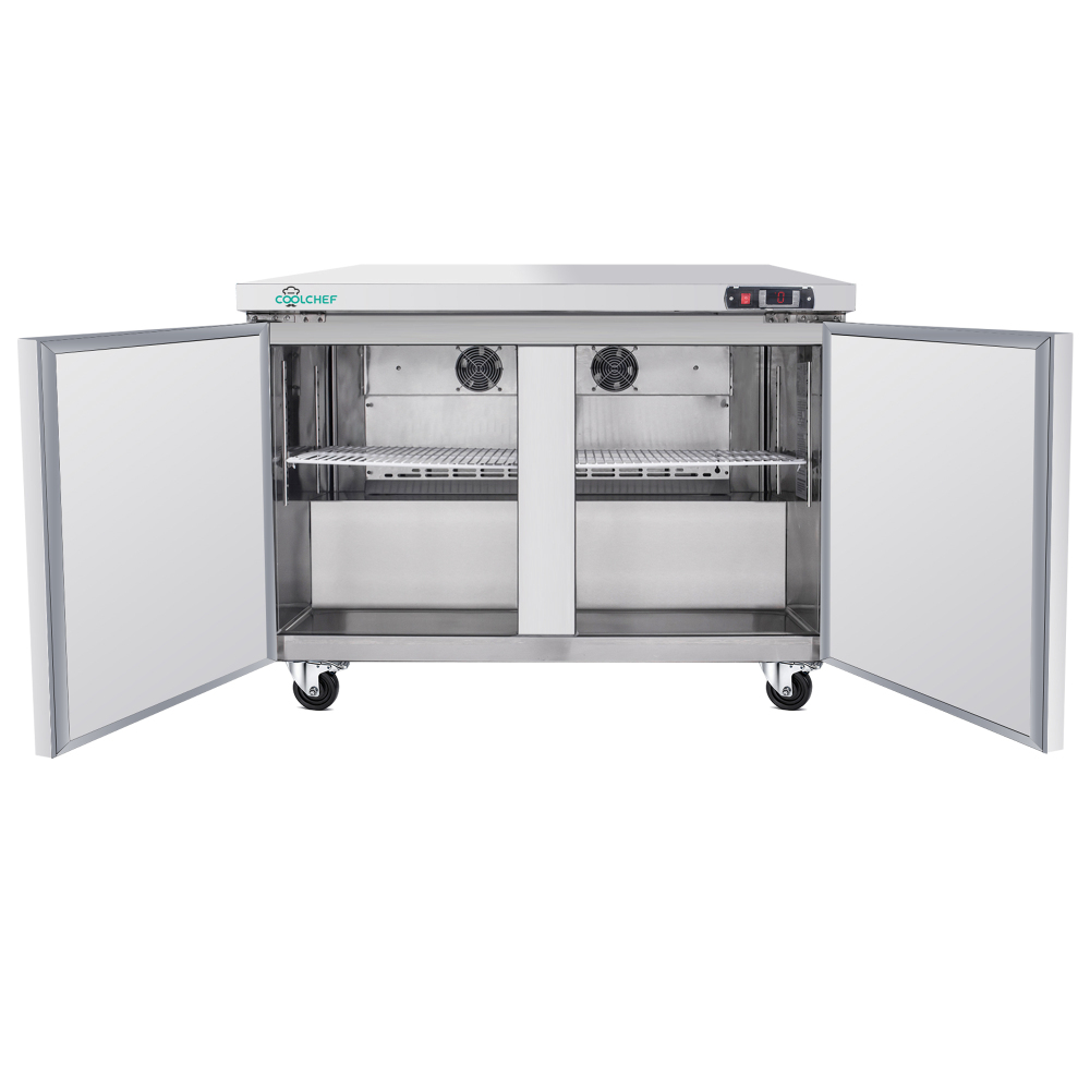 48" Commercial Double Door Worktop Refrigerator, 12.2 Cu.ft Stainless Steel Undercounter Prep Table Fridge, R290 Commercial Cooler with Casters