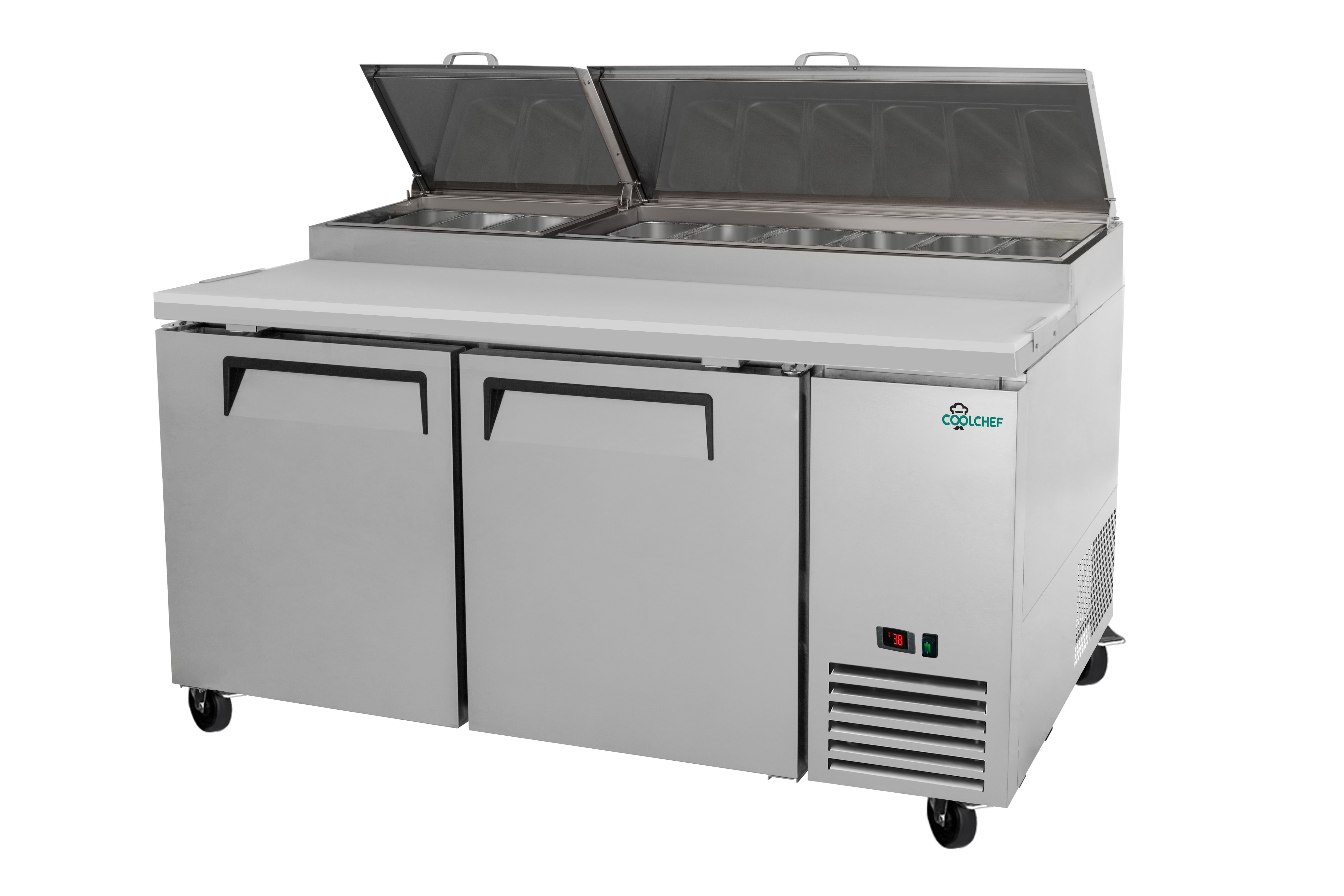 69" Stainless Steel Pizza Prep Table with Refrigerated Base, NSF & ETL Certified, R290 Refrigerant, Digital Temperature Control, Removable Salad Bar Cover, 50mm Insulation – Commercial Kitchen Equipme