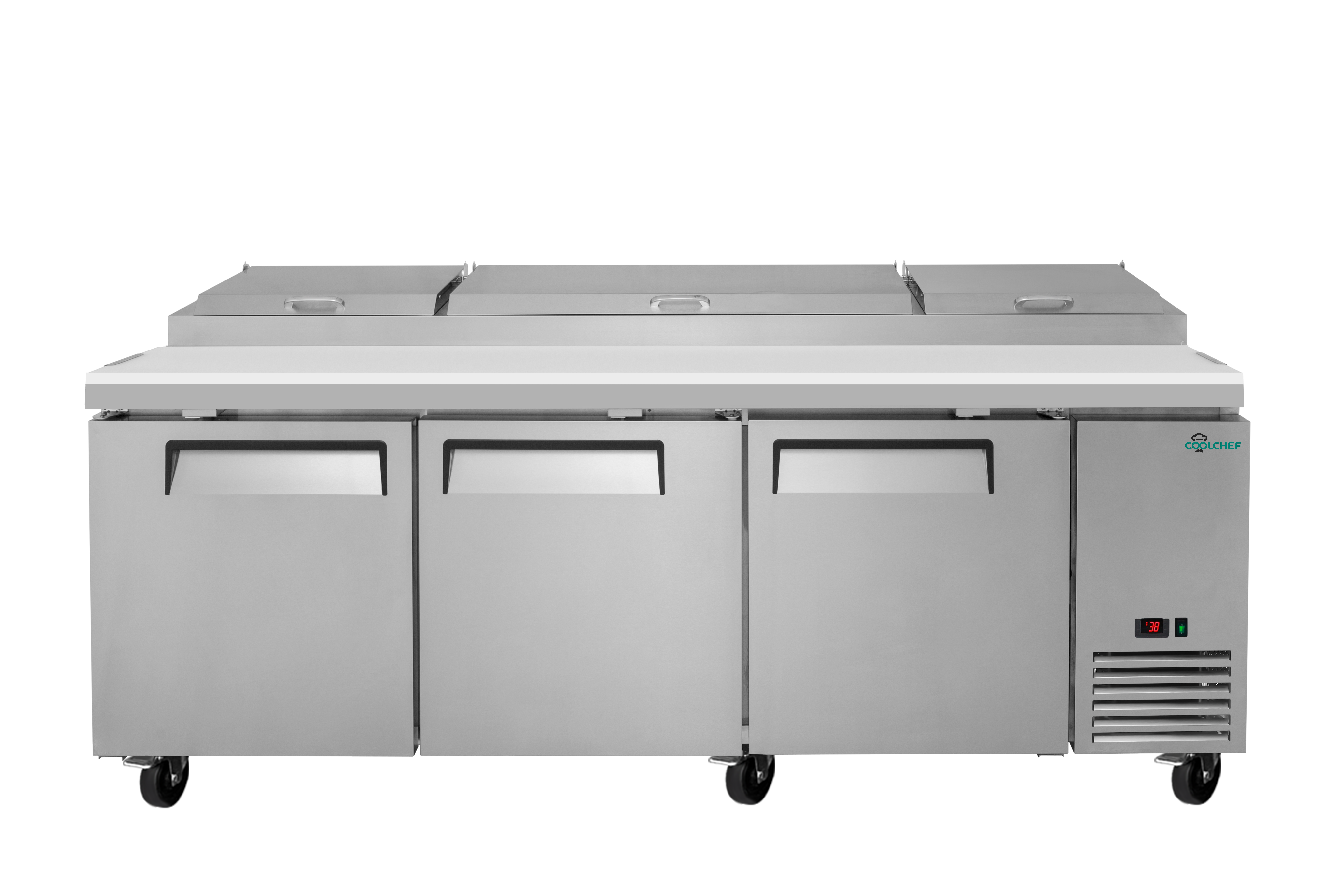 93" Stainless Steel Pizza Prep Table with Refrigerated Base, NSF & ETL Certified, R290 Refrigerant, Digital Temperature Control, Removable Salad Bar Cover, 50mm Insulation – Commercial Kitchen Equipme