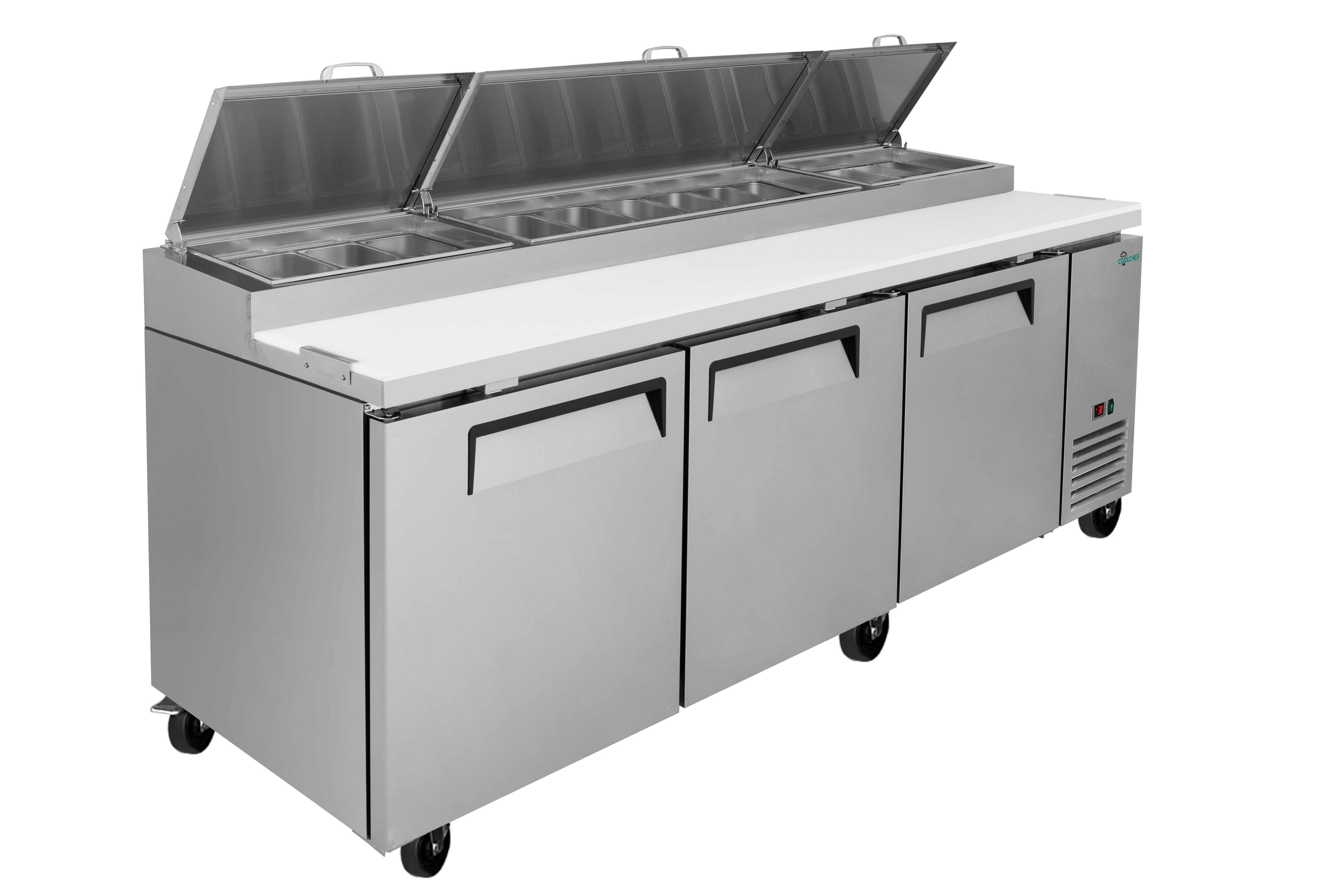 93" Stainless Steel Pizza Prep Table with Refrigerated Base, NSF & ETL Certified, R290 Refrigerant, Digital Temperature Control, Removable Salad Bar Cover, 50mm Insulation – Commercial Kitchen Equipme