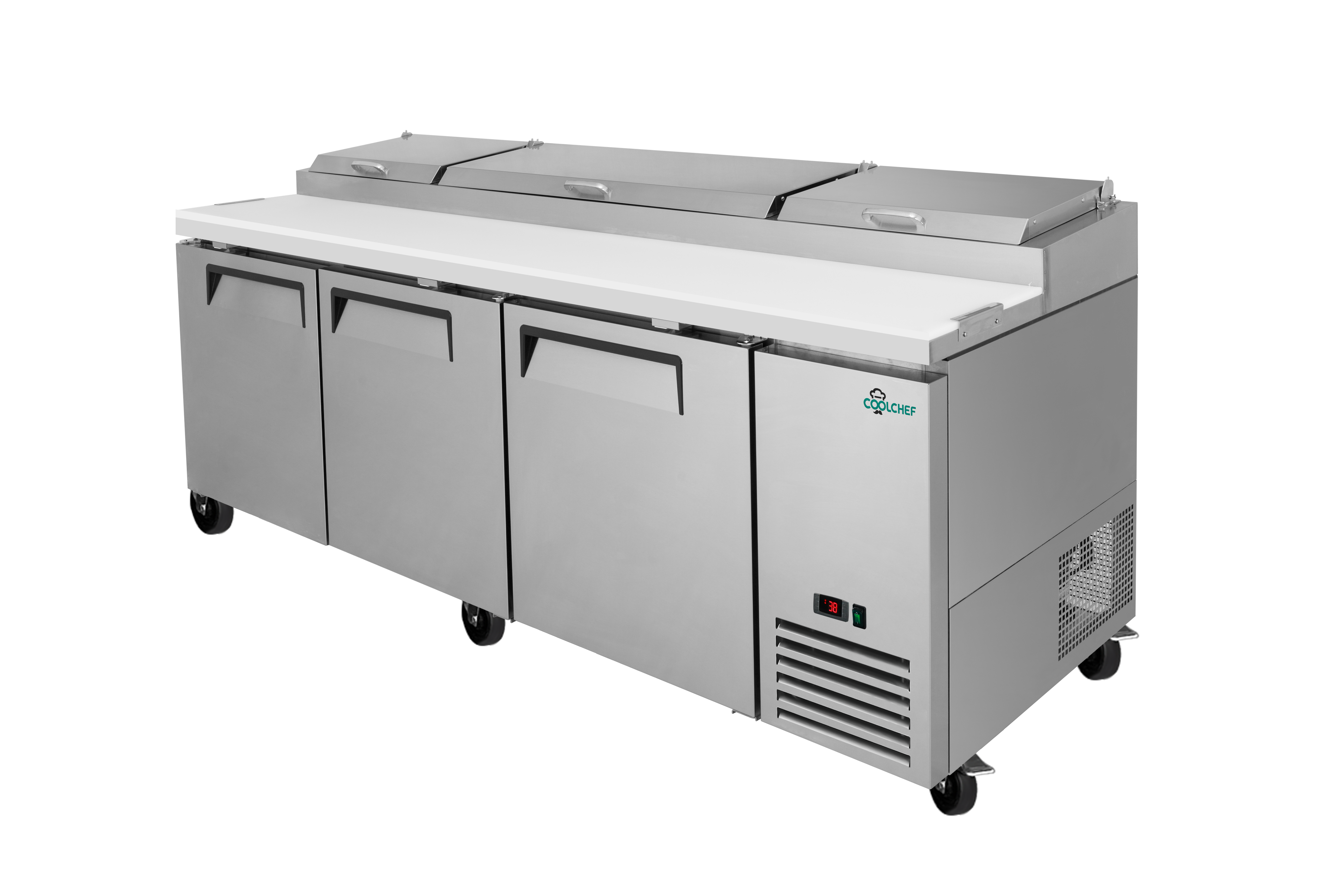 93" Stainless Steel Pizza Prep Table with Refrigerated Base, NSF & ETL Certified, R290 Refrigerant, Digital Temperature Control, Removable Salad Bar Cover, 50mm Insulation – Commercial Kitchen Equipme