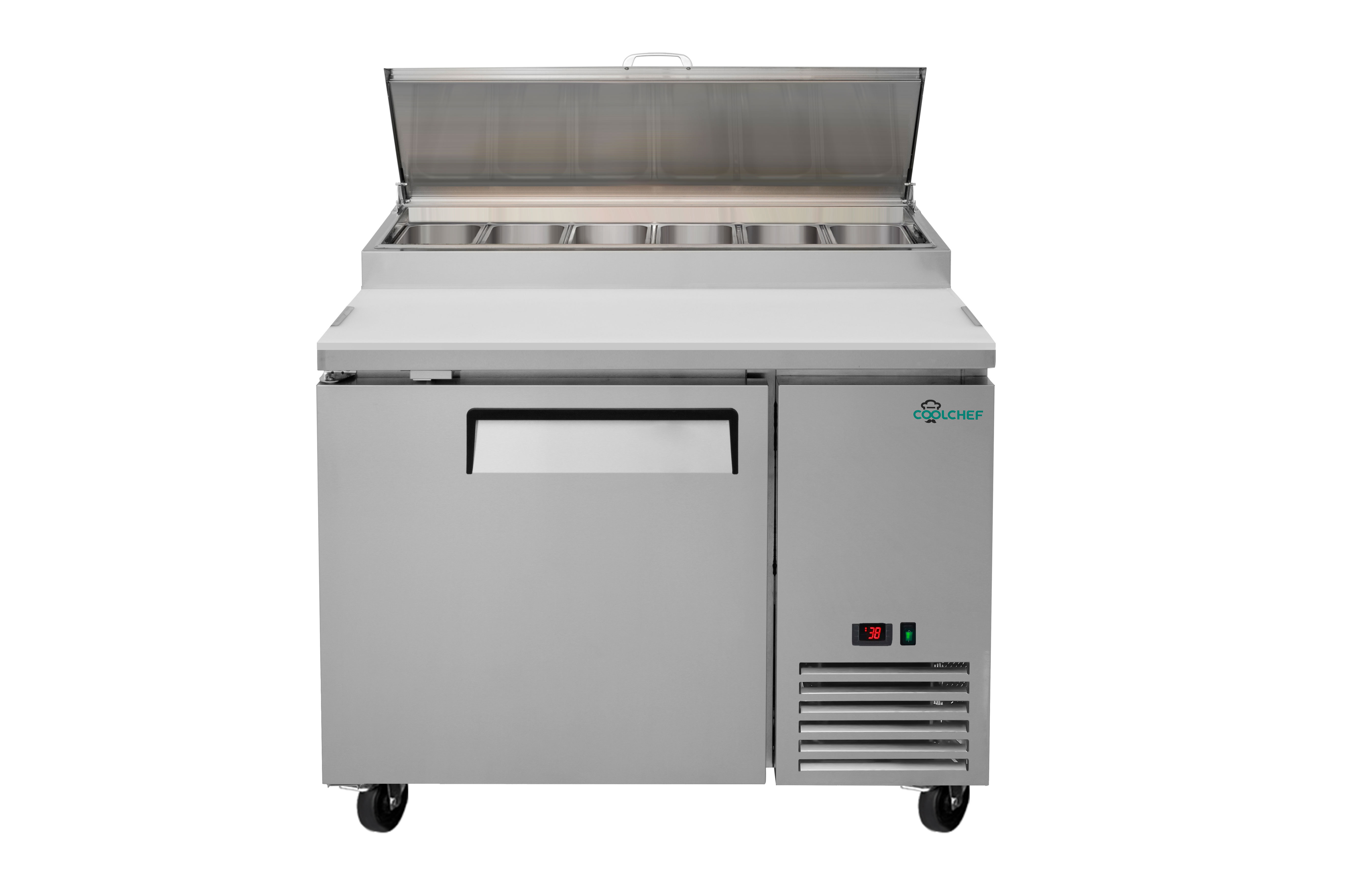 48" Stainless Steel Pizza Prep Table with Refrigerated Base, NSF & ETL Certified, R290 Refrigerant, Digital Temperature Control, Removable Salad Bar Cover, 50mm Insulation – Commercial Kitchen Equipme