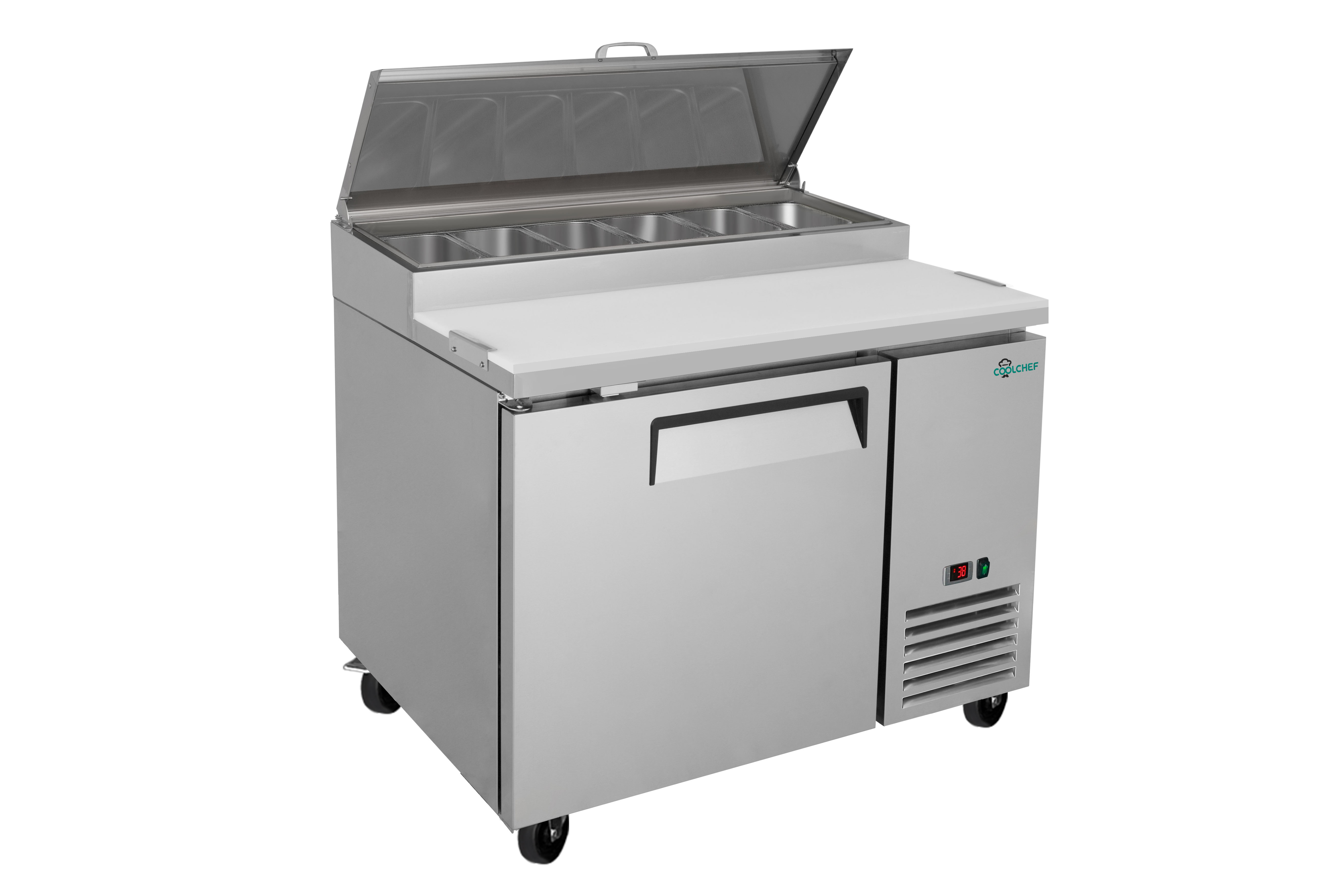 48" Stainless Steel Pizza Prep Table with Refrigerated Base, NSF & ETL Certified, R290 Refrigerant, Digital Temperature Control, Removable Salad Bar Cover, 50mm Insulation – Commercial Kitchen Equipme