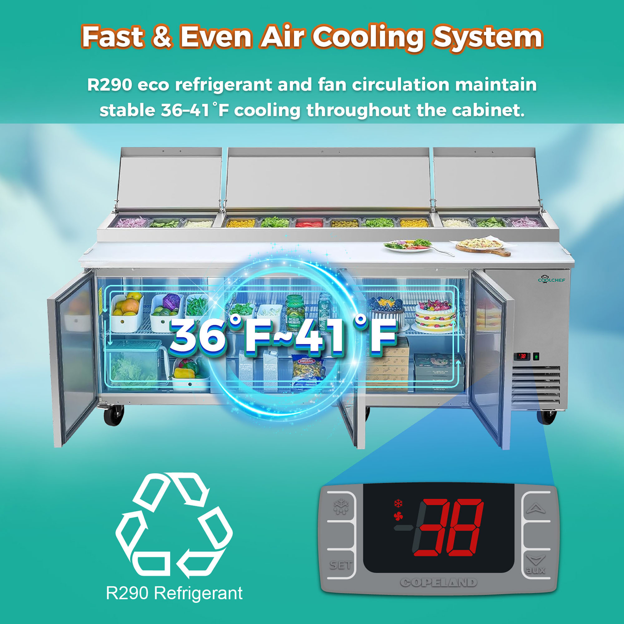 69" Stainless Steel Pizza Prep Table with Refrigerated Base, NSF & ETL Certified, R290 Refrigerant, Digital Temperature Control, Removable Salad Bar Cover, 50mm Insulation – Commercial Kitchen Equipme