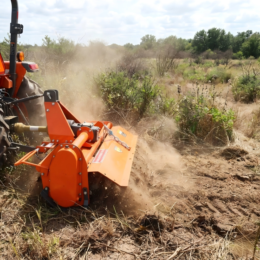 3-Point 49" Rotary Tiller Attachment for Cat 1 Tractors – Single Speed PTO, 540 RPM, Replaceable L-Shaped Tines, 5" Working Depth