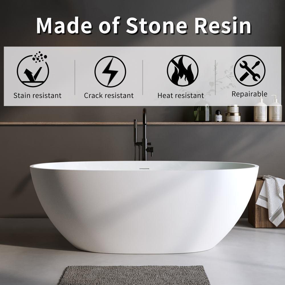 Moray 71 in. x 31 in. Solid Surface Stone Resin Freestanding Flat Bottom Bathtub Soaking Bathtub in Matte White