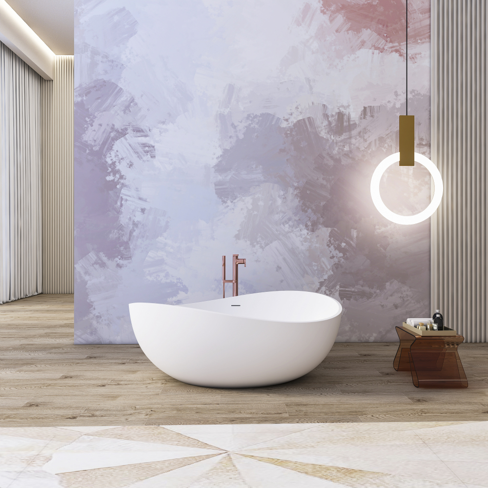 Moray 63 in. x 37 in. Solid Surface Stone Resin Flatbottom Freestanding Double Slipper Soaking Bathtub in Matte White