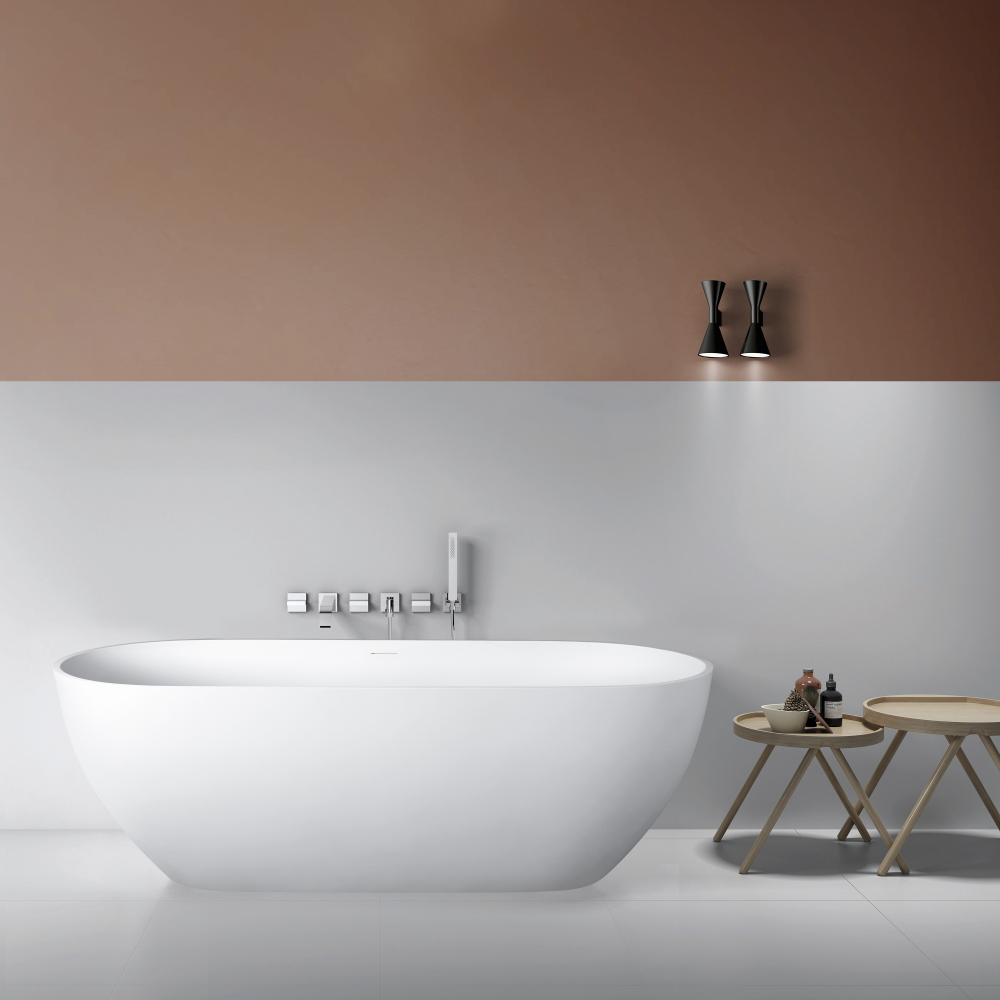 Moray 69 in. x 30 in. Solid Surface Stone Resin Flatbottom Freestanding Double Slipper Soaking Bathtub in Matte White