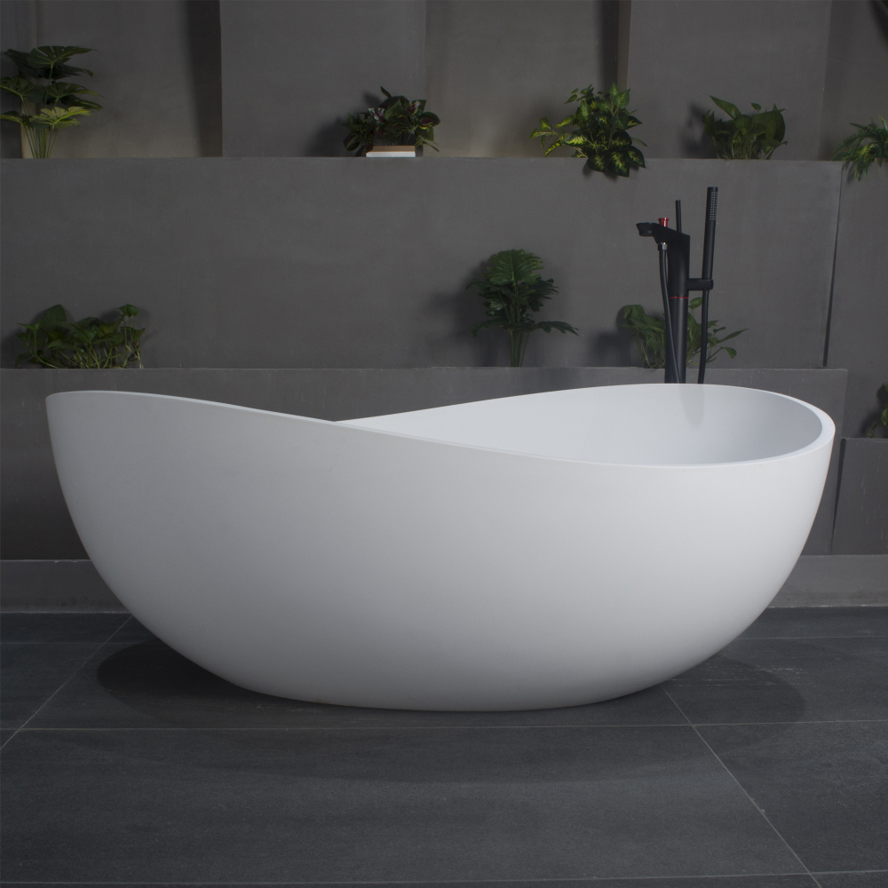 Moray 63 in. x 37 in. Solid Surface Stone Resin Flatbottom Freestanding Double Slipper Soaking Bathtub in Matte White