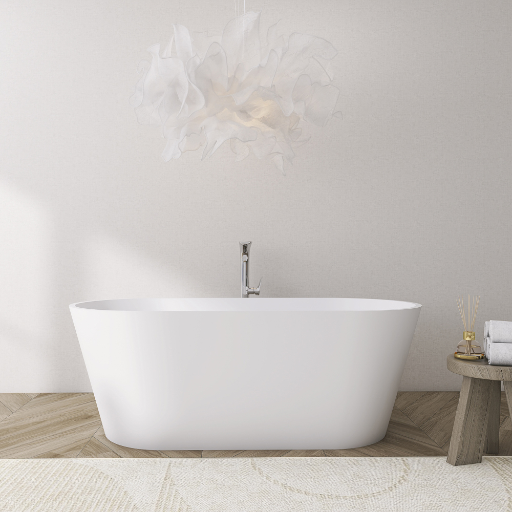 Foyil 65 in. x 29.5 in. Solid Surface Stone Resin Flatbottom Freestanding Bathtub Soaking Bathtub in Matte White