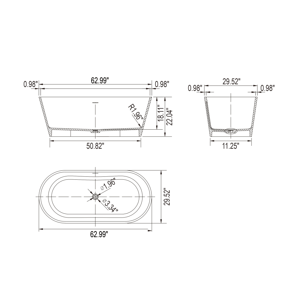 Foyil 63 in. Stone Resin Flatbottom Solid Surface Freestanding Double Slipper Soaking Bathtub in White with Brass Drain