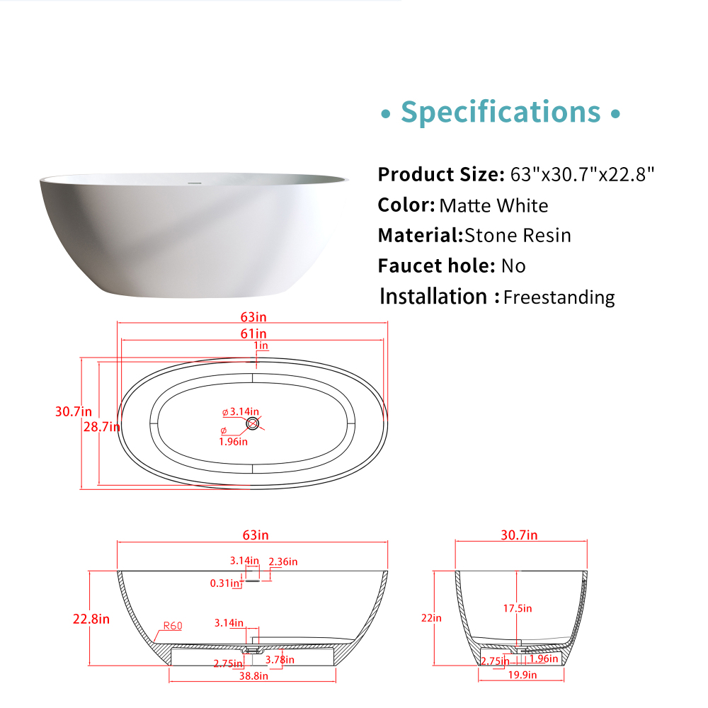 Foyil 63 in. x 31 in. Solid Surface Stone Resin Flatbottom Freestanding Bathtub Soaking Bathtub in Matte White