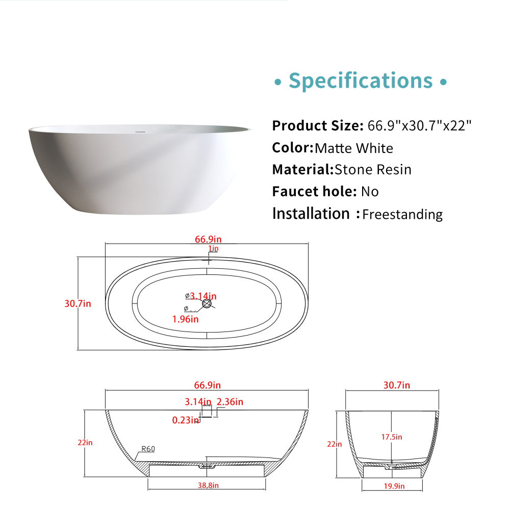 Moray 67 in. x 31 in. Solid Surface Stone Resin Freestanding Flat Bottom Bathtub Soaking Bathtub in Matte White