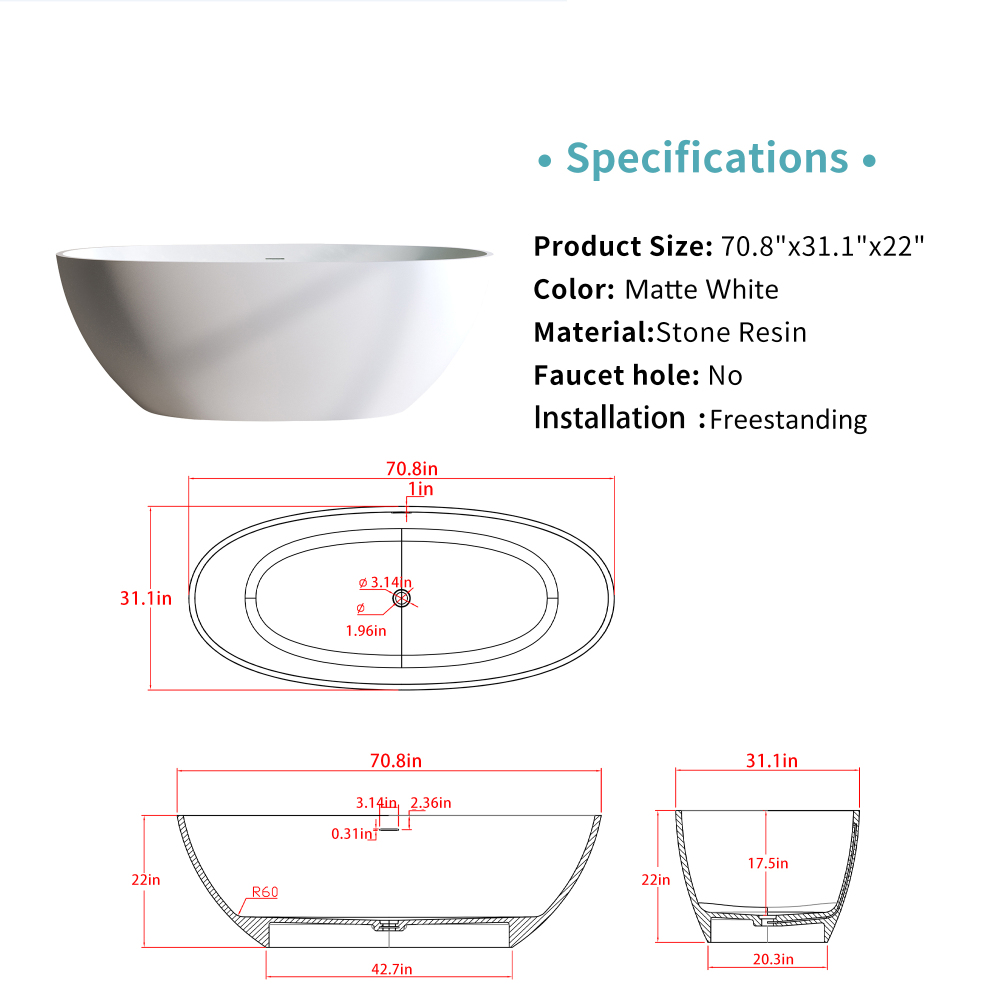 Moray 71 in. x 31 in. Solid Surface Stone Resin Freestanding Flat Bottom Bathtub Soaking Bathtub in Matte White