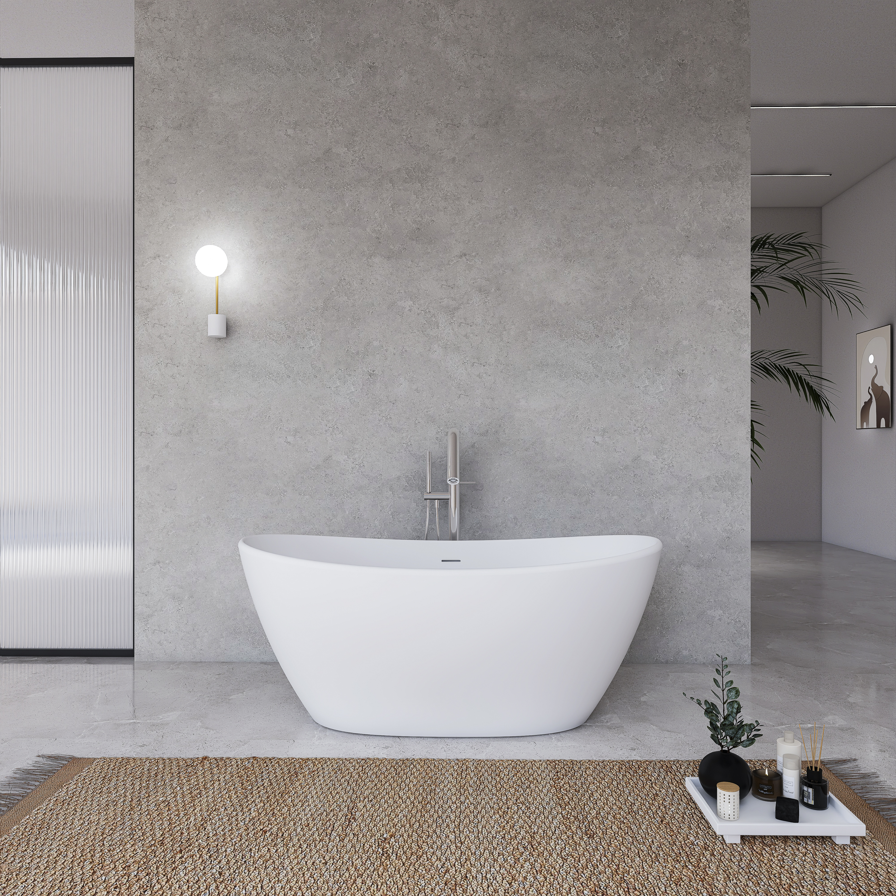 Moray 61 in. x 31.5 in. Solid Surface Stone Resin Flatbottom Freestanding Bathtub Soaking Bathtub in Matte White