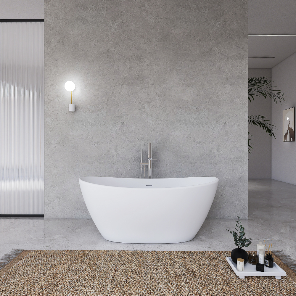 Moray 61 in. x 31.5 in. Solid Surface Stone Resin Flatbottom Freestanding Bathtub Soaking Bathtub in Matte White