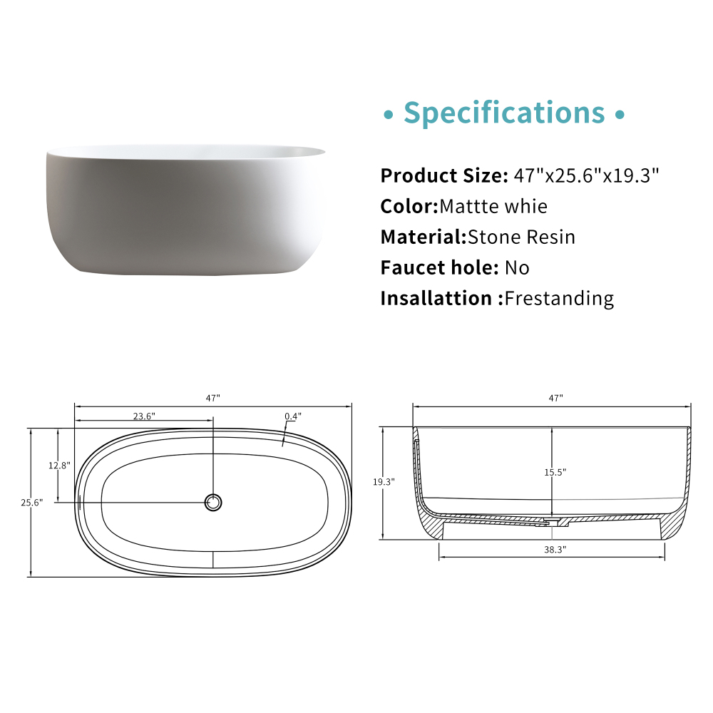 Moray 47 in. x 25 in. Solid Surface Stone Resin Flatbottom Freestanding Double Slipper Soaking Bathtub in Matte White