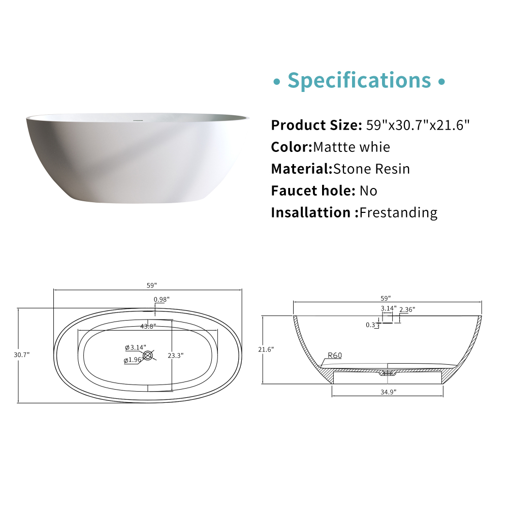 Foyil 59 in. x 31 in. Solid Surface Stone Resin Flatbottom Freestanding Bathtub Soaking Bathtub in Matte White