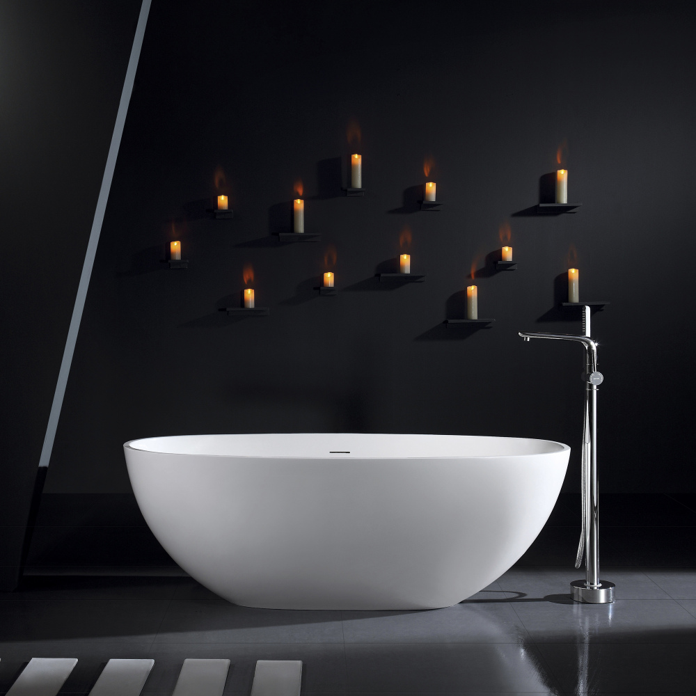 Moray 65 in. x 30 in. Solid Surface Stone Resin Flatbottom Freestanding Double Slipper Soaking Bathtub in Matte White