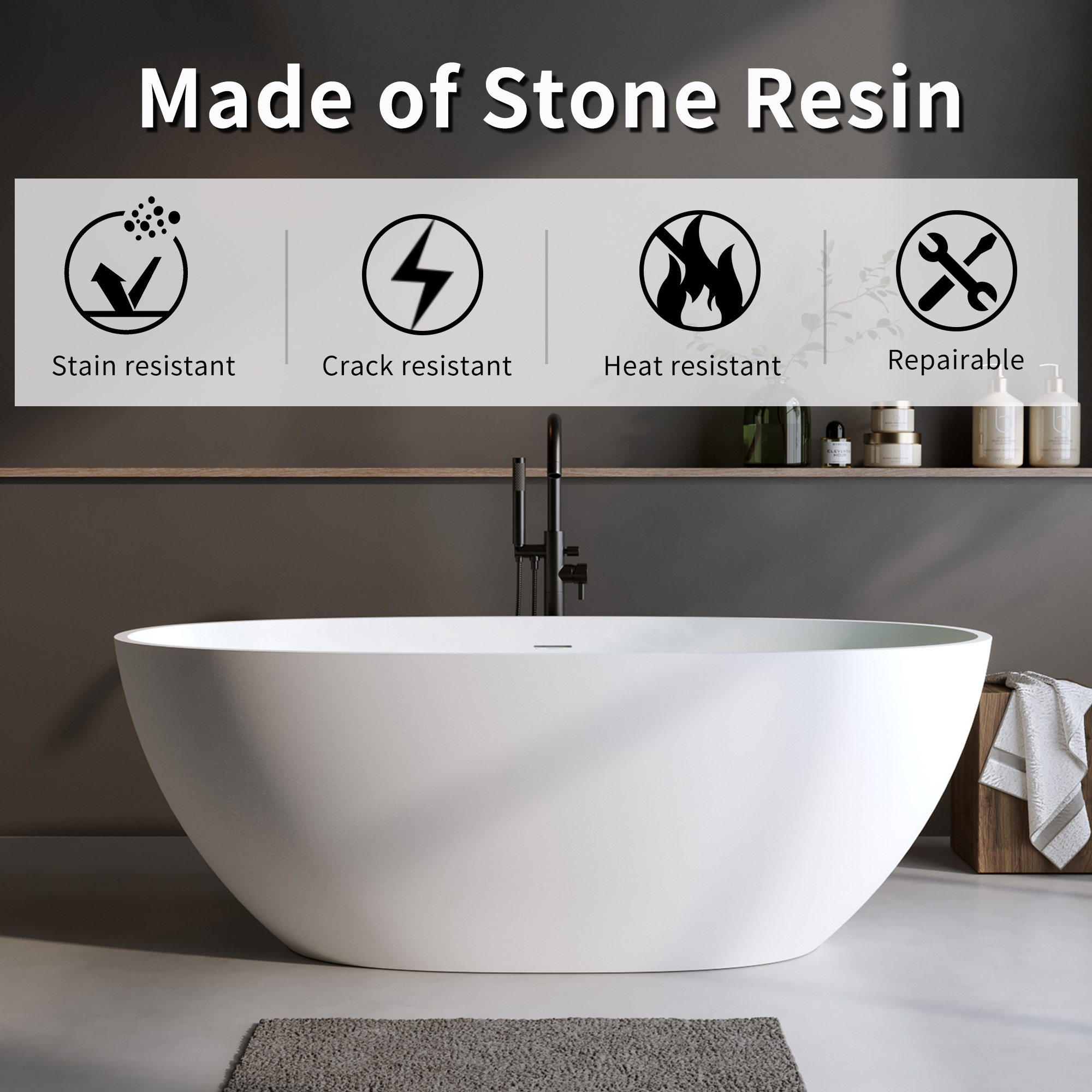 Foyil 59 in. x 31 in. Solid Surface Stone Resin Flatbottom Freestanding Bathtub Soaking Bathtub in Matte White