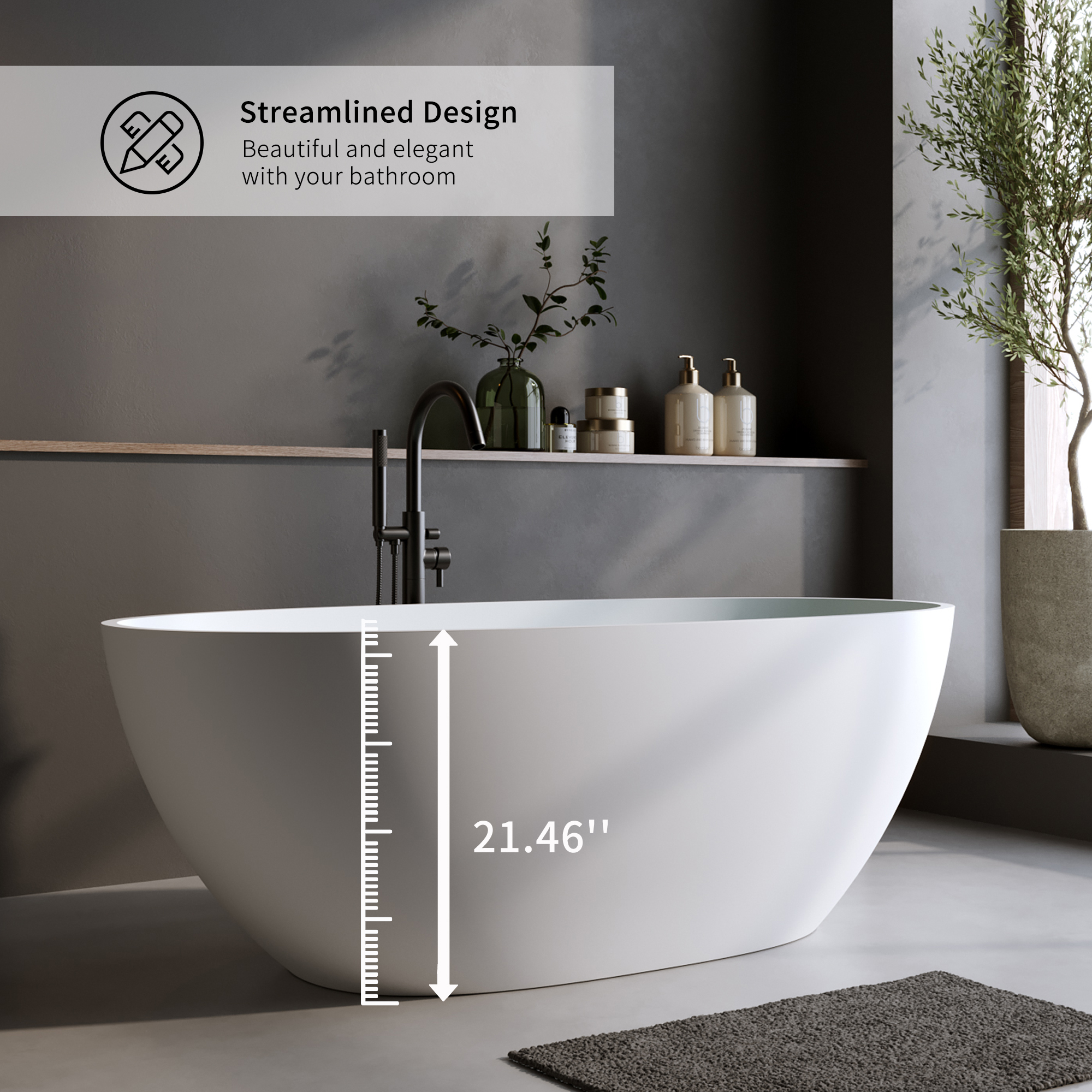 Foyil 59 in. x 31 in. Solid Surface Stone Resin Flatbottom Freestanding Bathtub Soaking Bathtub in Matte White