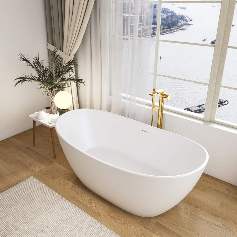 Moray 65 in. x 33.5 in. Solid Surface Stone Resin Flatbottom Freestanding Bathtub Soaking Bathtub in Matte White