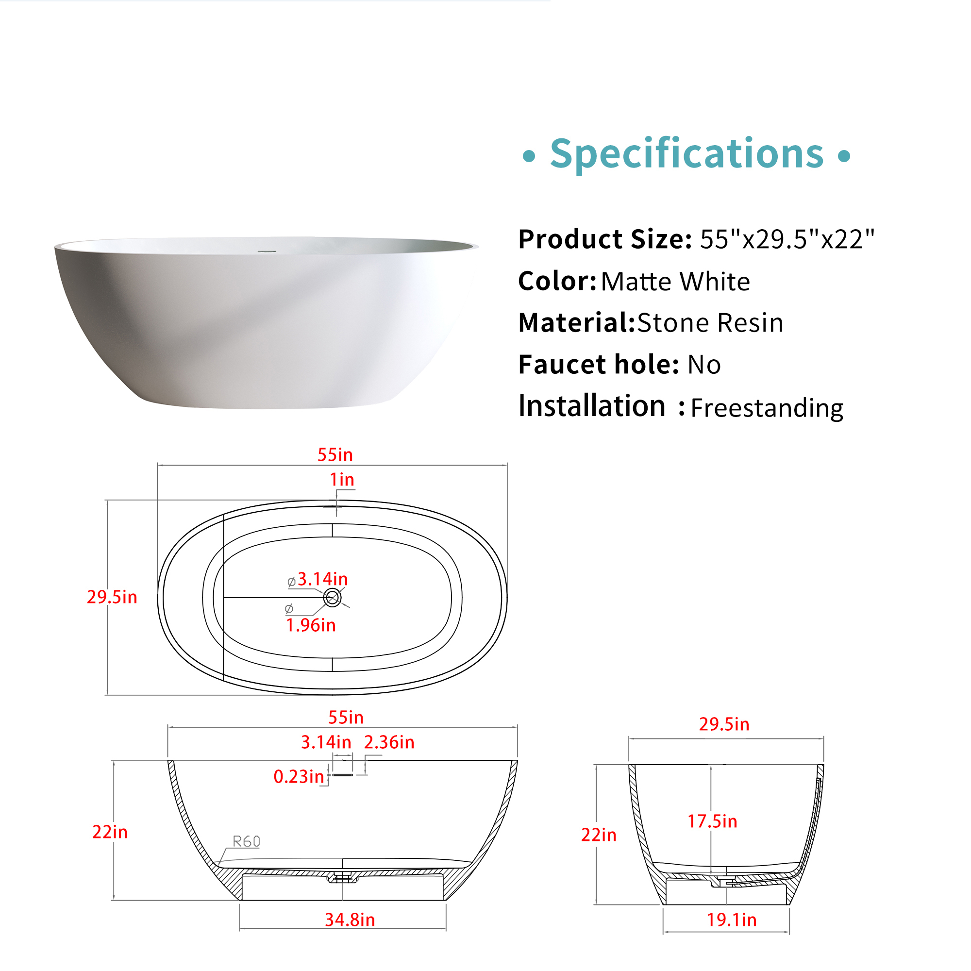 Foyil 55 in. x 31 in. Solid Surface Stone Resin Flatbottom Freestanding Bathtub Soaking Bathtub in Matte White