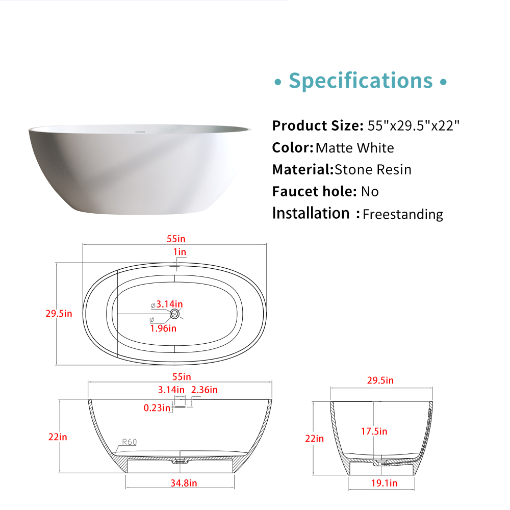 Foyil 55 in. x 31 in. Solid Surface Stone Resin Flatbottom Freestanding Bathtub Soaking Bathtub in Matte White