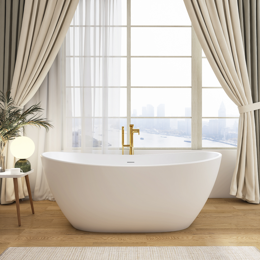 Moray 65 in. x 33.5 in. Solid Surface Stone Resin Flatbottom Freestanding Bathtub Soaking Bathtub in Matte White