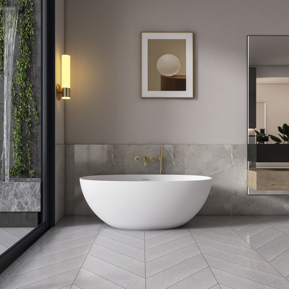 Moray 61 in. x 30 in. Solid Surface Stone Resin Flatbottom Freestanding Bathtub Soaking Bathtub in Matte White