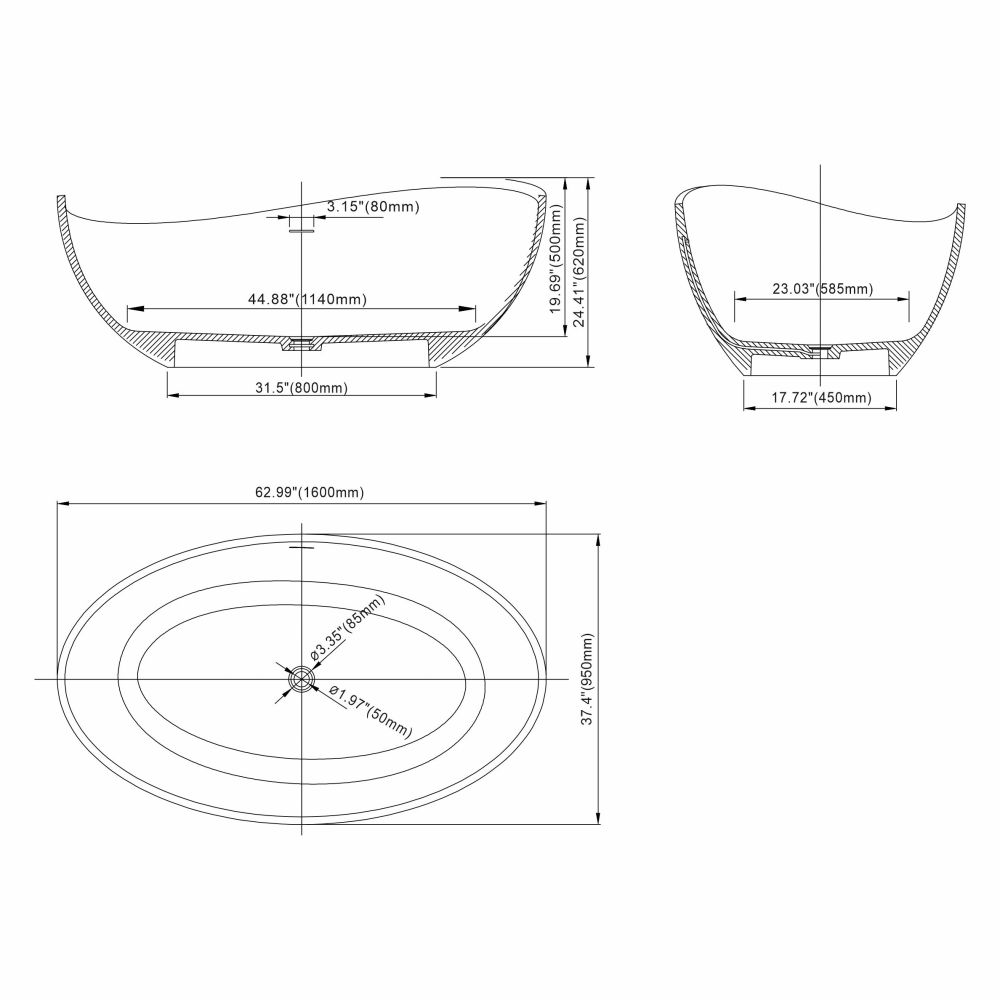 Moray 63 in. x 37 in. Solid Surface Stone Resin Flatbottom Freestanding Double Slipper Soaking Bathtub in Matte White
