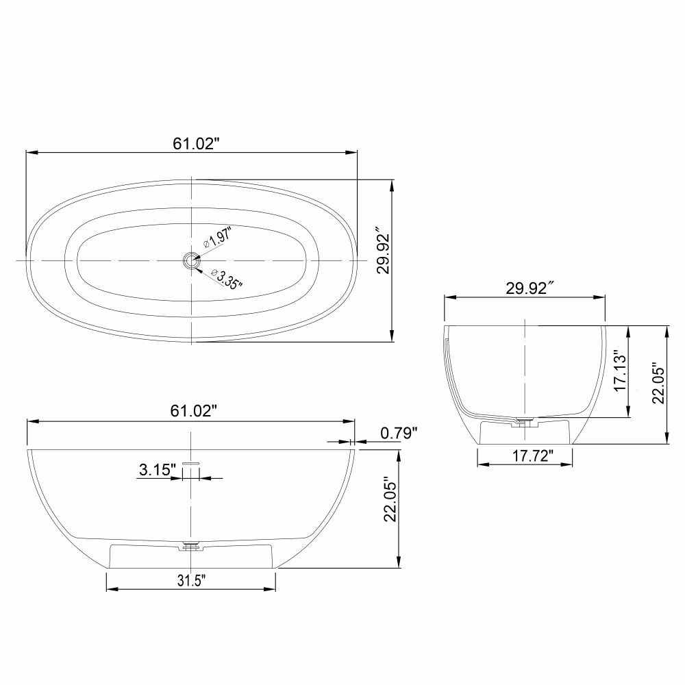 Moray 61 in. x 30 in. Solid Surface Stone Resin Flatbottom Freestanding Bathtub Soaking Bathtub in Matte White