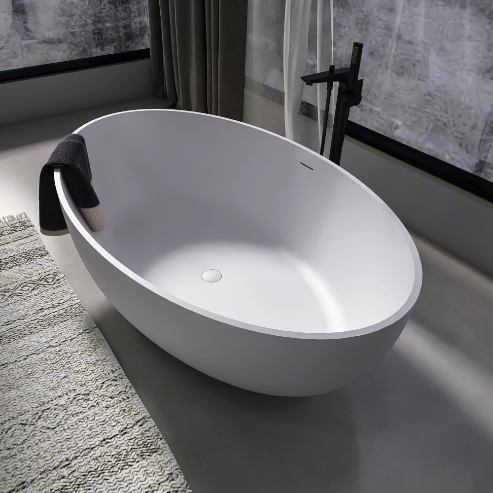 Foyil 67 in. Stone Resin Flatbottom Solid Surface Freestanding Double Slipper Soaking Bathtub in White with Brass Drain