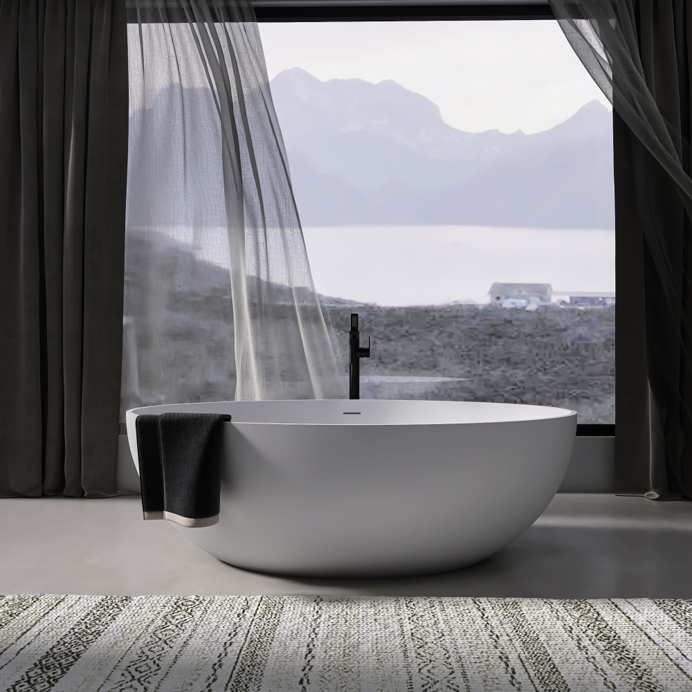 Foyil 67 in. Stone Resin Flatbottom Solid Surface Freestanding Double Slipper Soaking Bathtub in White with Brass Drain
