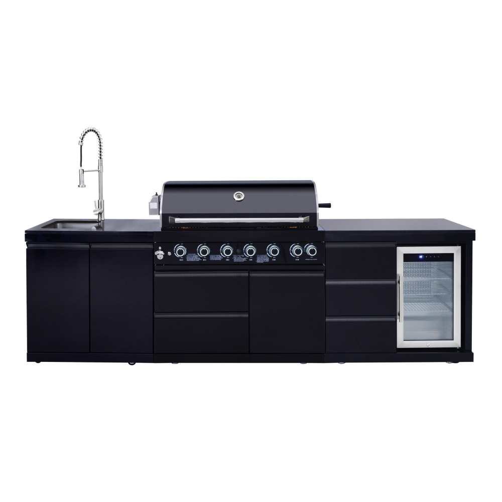 Xspracer "Outdoor Kitchen Island 114 Inch 6 Burner Propane Gas BBQ Grill 83500 BTU 304 Stainless Steel Black Color With CSA, ETL Certification + Sink + Refrigerator  "