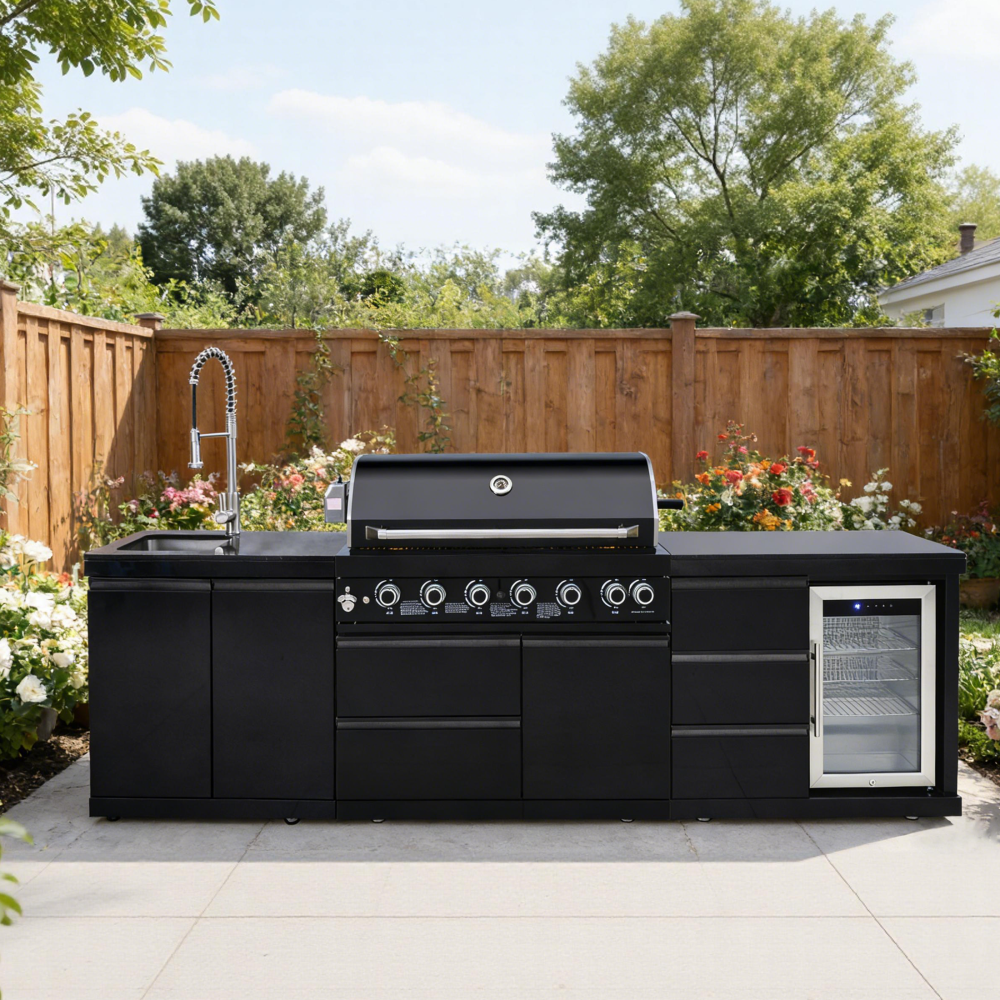 Xspracer "Outdoor Kitchen Island 114 Inch 6 Burner Propane Gas BBQ Grill 83500 BTU 304 Stainless Steel Black Color With CSA, ETL Certification + Sink + Refrigerator  "