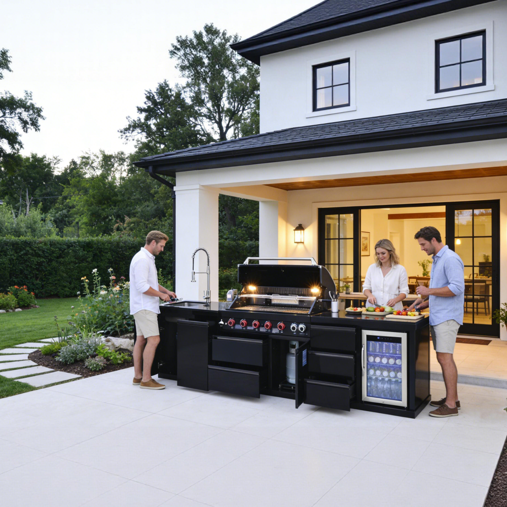 Xspracer "Outdoor Kitchen Island 114 Inch 6 Burner Propane Gas BBQ Grill 83500 BTU 304 Stainless Steel Black Color With CSA, ETL Certification + Sink + Refrigerator  "